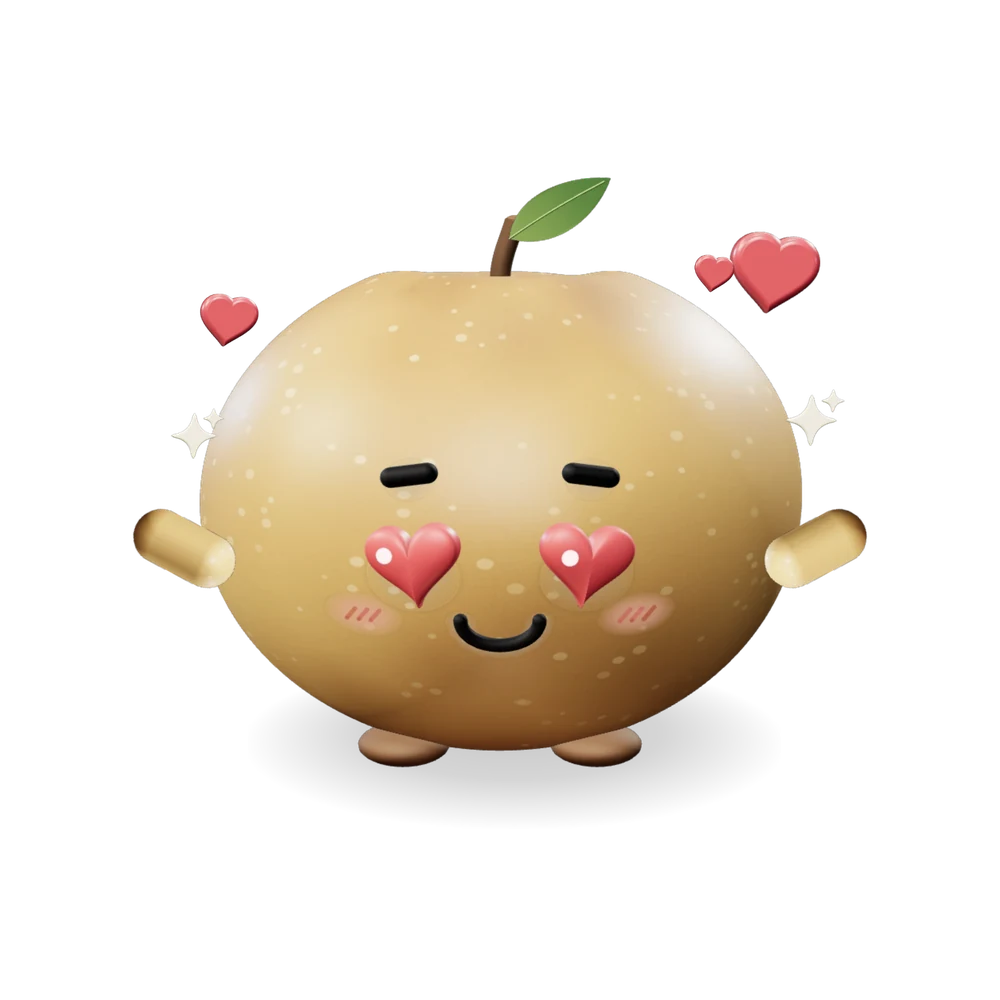 두 팔을 벌려 반기는 동글한 배 모양 캐릭터 우야지